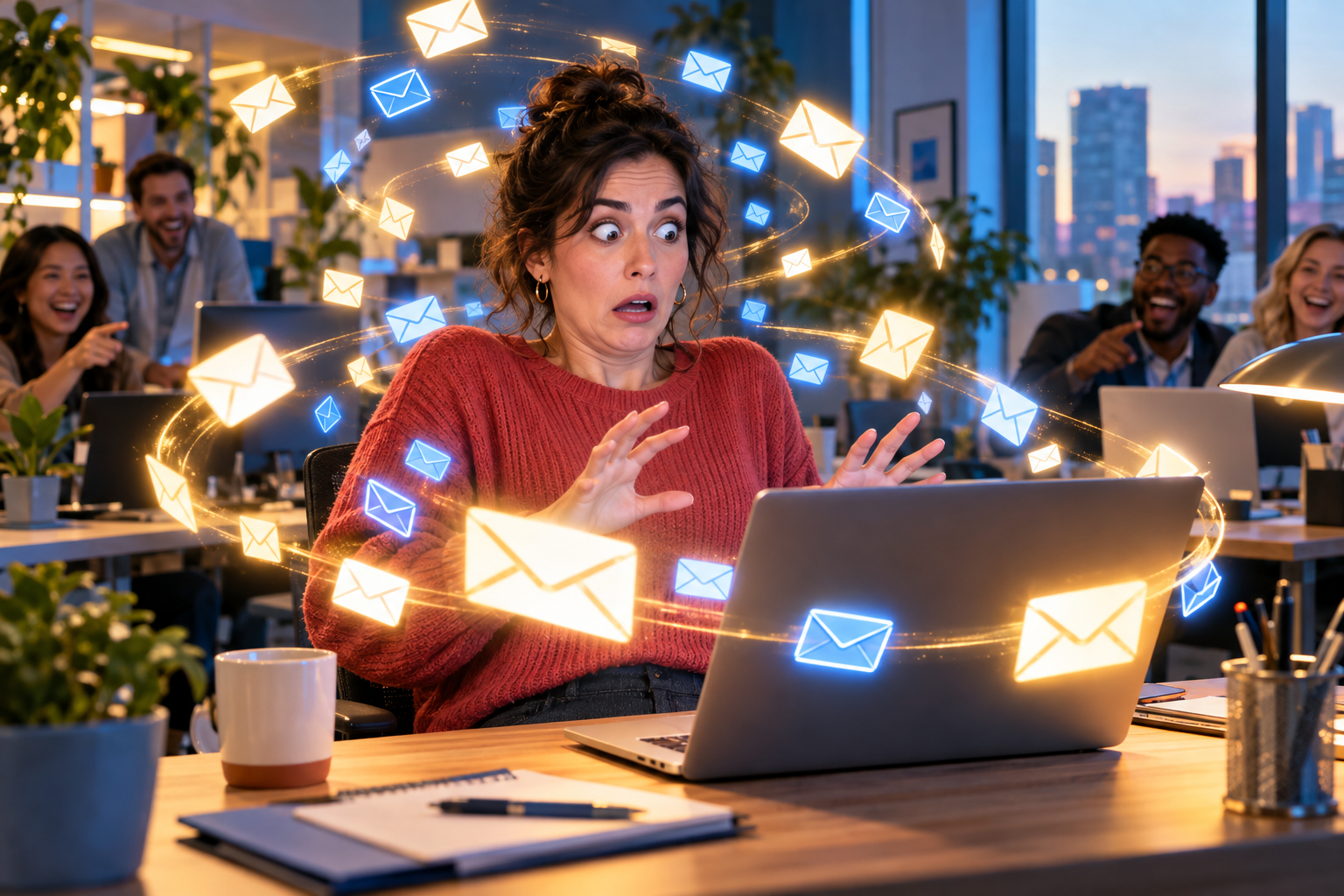 Fictional adult office worker surrounded by glowing email icons in a playful reply-all panic edit