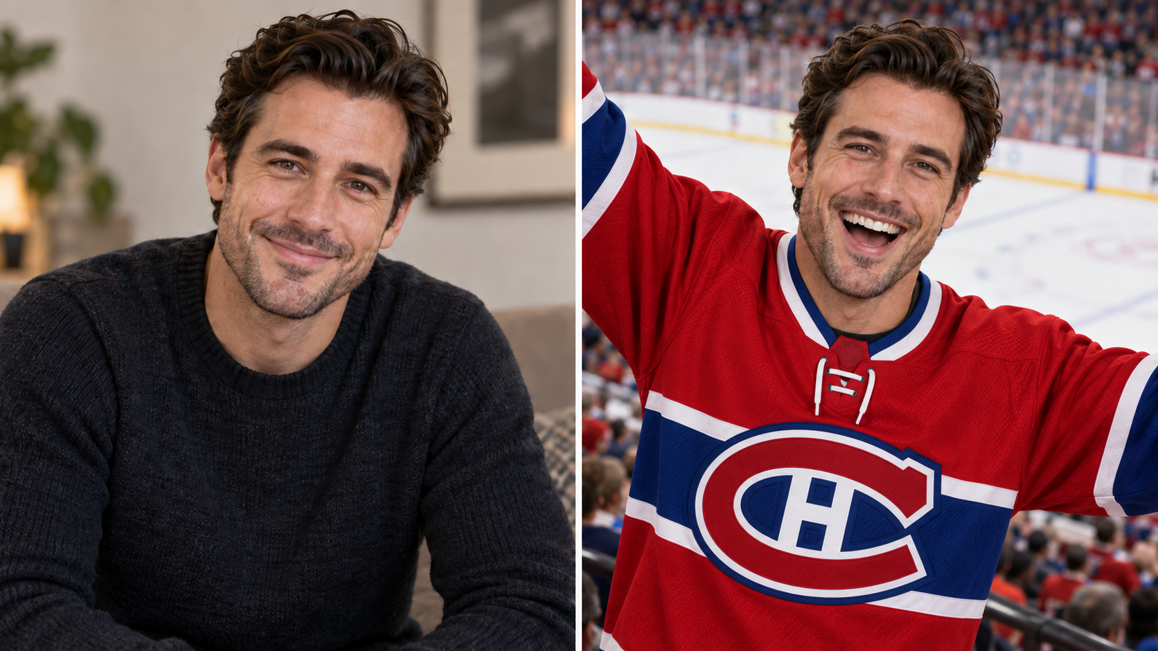 Fictional adult Tim before and after an edit placing him in a Montreal Canadiens hockey jersey