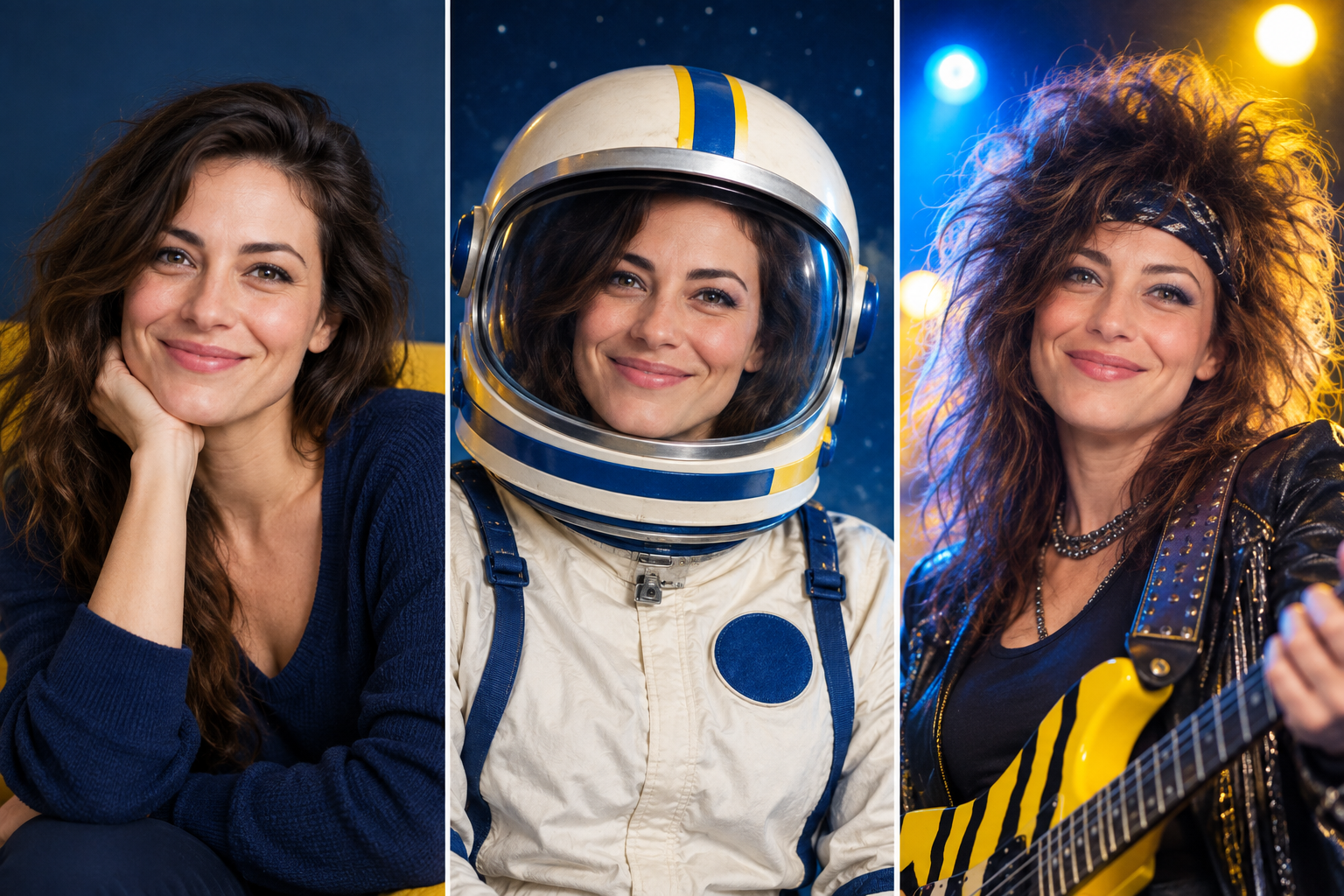 Fictional adult sample showing three playful personalized portraits