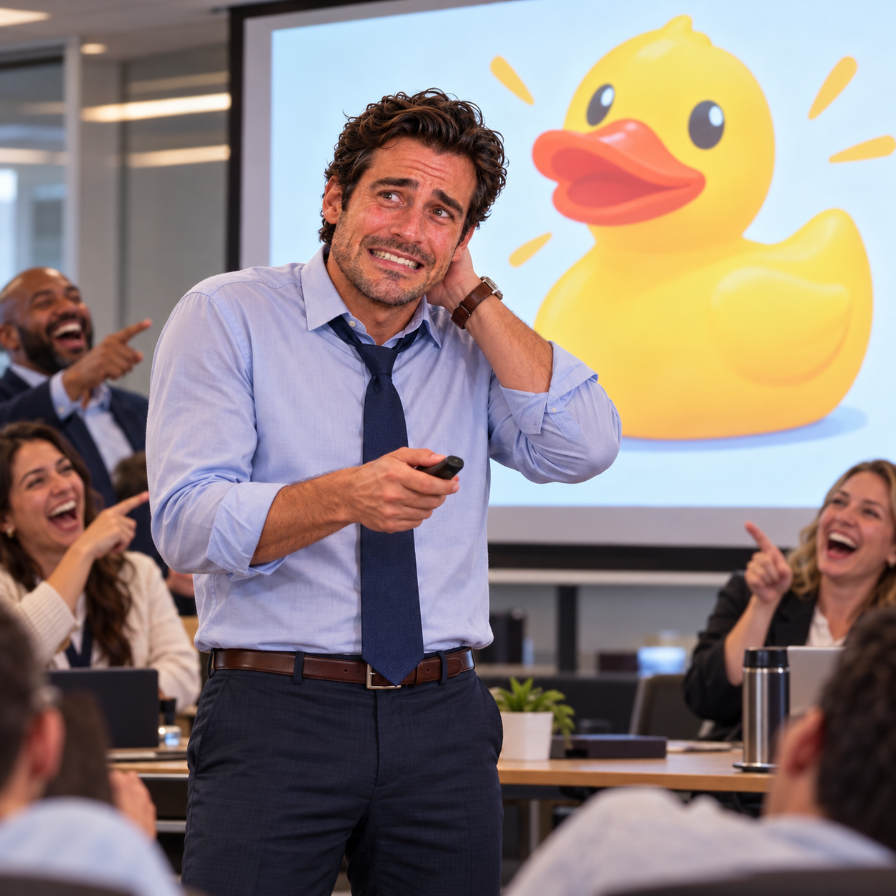 Tim mortified after a rubber duck appears in his office presentation
