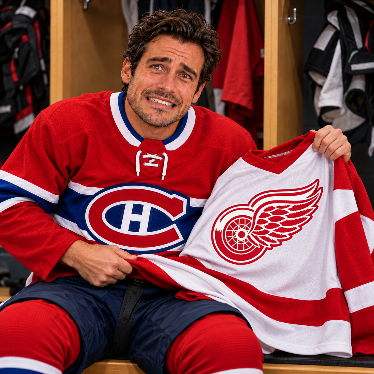 Tim wearing a Canadiens jersey while holding up the Red Wings sweater he had to give up